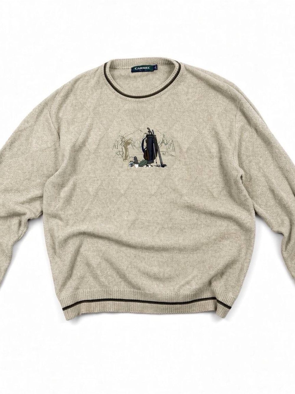 Caramel Beige Crewneck Sweater with Golf Embroidery